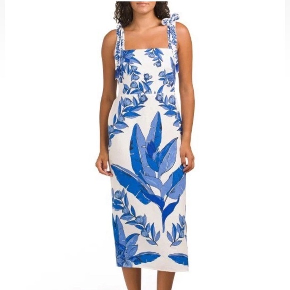 CALYPSO ST. BARTH Dresses & Skirts - NWT CALYPSO‎ ST. BARTH Linen Blend Beaded Strap Placed Print Midi Dress SZ S